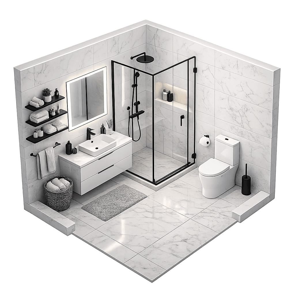 3D vizualizace moderní koupelny - rekonstrukce na klíč Ostrava